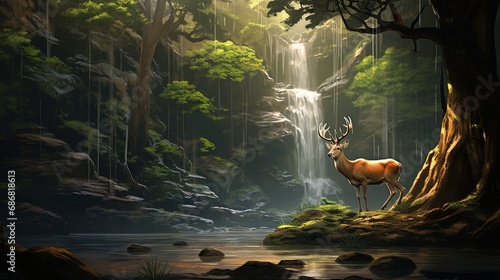 In a hushed forest sanctuary, a sambar deer graces the earth beside the vast banyan roots, with a backdrop of a shimmering limestone waterfall--a moment of sylvan peace.
