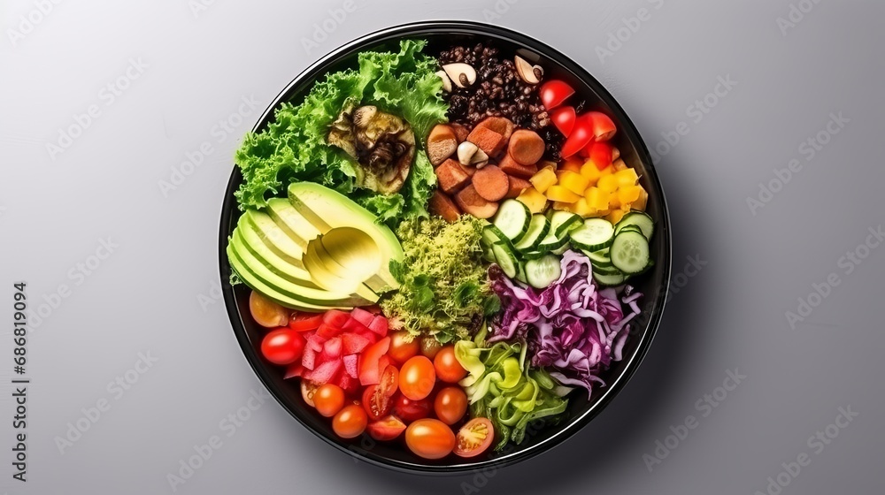 White background with a view of mixed vegetables, salad, muesli, and fresh fruits at the top.
