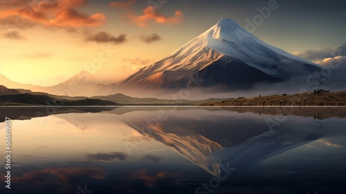 A breathtaking view of a volcanic mountain at dawn, its rugged silhouette mirrored in the calm waters of a lake, creating a peaceful and mesmerizing morning landscape