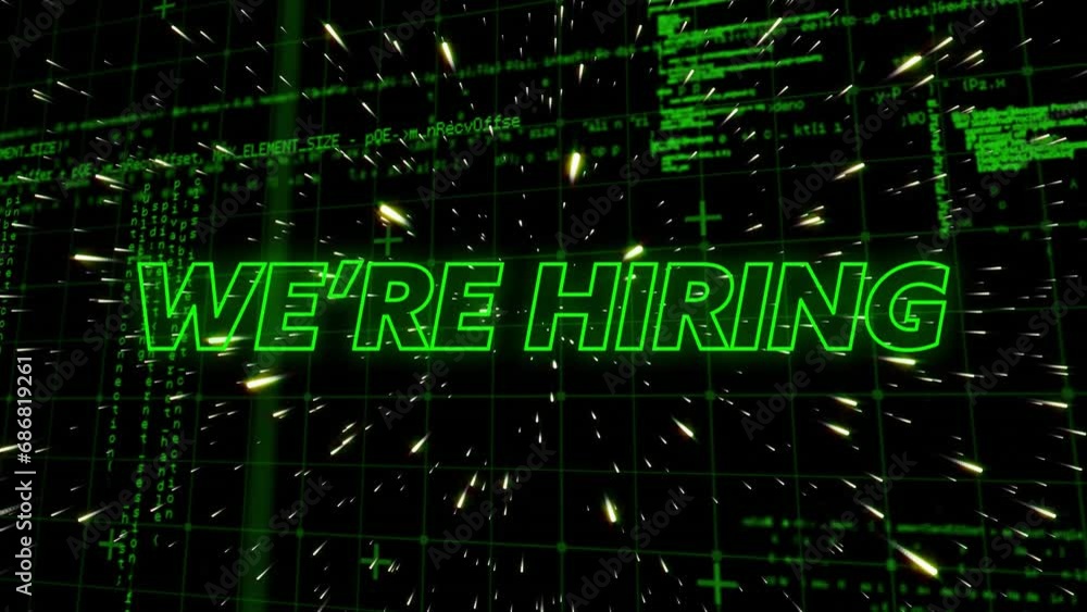 Animation of we're hiring neon text and data processing Animation of we're hiring neon text and data processing
