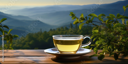 A cup of green tea on a wooden table against the background of the mountains of the rising sun in the mountains