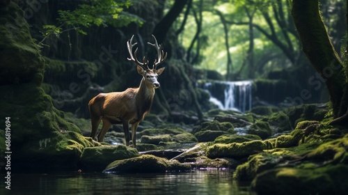 The commanding presence of a sambar deer against the intricate network of banyan roots  a serene limestone waterfall flowing softly in the lush  unspoiled forest.