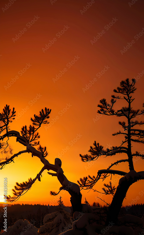 pine in the snow at sunset