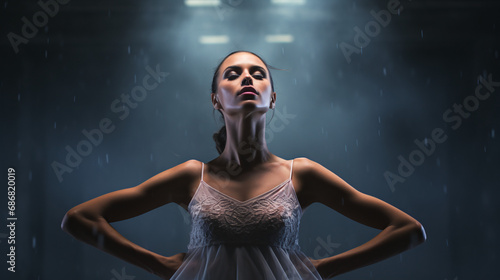 woman in a white dress standing proudly in the rain