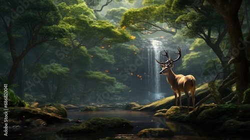 The commanding presence of a sambar deer against the intricate network of banyan roots, a serene limestone waterfall flowing softly in the lush, unspoiled forest. photo