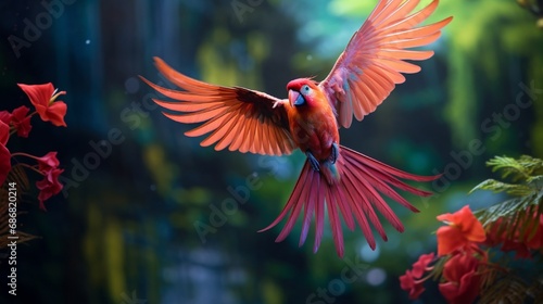 The elusive dance of a red bird in flight, a rare Ara macao x Ara ambigua hybrid, caught mid-flutter amidst the lush tapestry of Costa Rica's vibrant tropical forest. photo