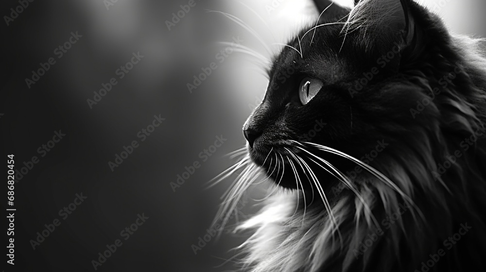 The soft silhouette of a pensive, fluffy cat looms, its gaze piercing through the monochrome shade it rests upon.