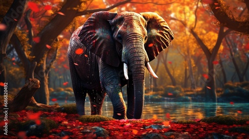 The tranquil presence of an elephant is contrasted by the vibrant chaos of autumn leaves and the ephemeral dance of dust motes in a forest clearing. photo