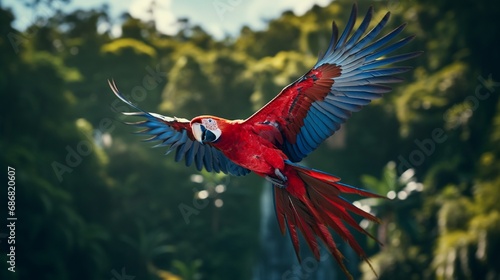 The vivid scarlet wings of a macaw parrot stretch out in flight, a brilliant contrast against the shadowy greens of the jungle undergrowth, exemplifying the vividness of tropical nature.