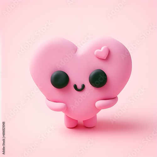Cute Valentines character 3D cartoon love heart with happy smiley face on plain isolated background valentine romance concept imagery pink and red color 