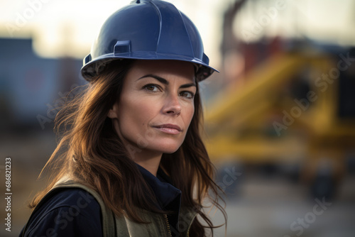 Architect Concept: A female architect at a construction site, looking determined
