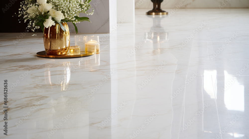Marble Marvel: A detailed shot of glossy marble flooring, showcasing its smooth surface and the play of light on its natural veining. Marble Marvel: A detailed shot of glossy marble flooring, showcasing its smooth surface and the play of light on its natural veining.