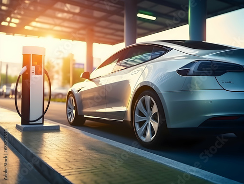 charging EV car electric vehicle clean energy for driving future, eco-friendly alternative energy concept, futuristic hybrid vehicle charge battery electric on station, ai generated photo