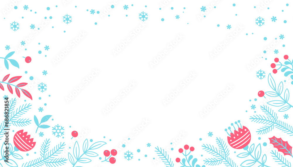 Horizontal banner with flower pattern. Hand draw vector illustration. Card with flowers and leaves on blue background