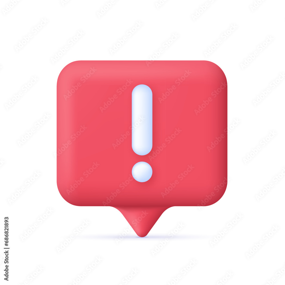 3D Speech Bubble and Exclamation mark. Attention icon, caution sign, error, risk mark. 3D Speech Bubble and Exclamation mark. Attention icon, caution sign, error, risk mark.