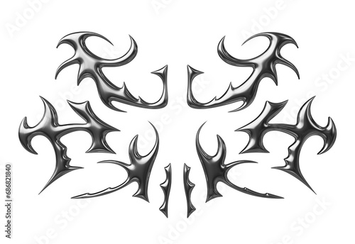 3D chrome liquid metal figure. Y2k neo tribal icon. 3d rendering illustration on isolated background.