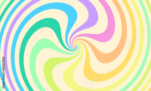 Groovy abstract rainbow swirl background. Retro vector design in 1960-1970s style. Vintage backdrop. Colorful summer hippie carnival illustration