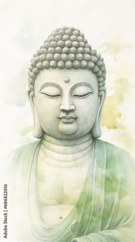 Watercolor illustration of Buddha sitting with closed eyes and meditating 