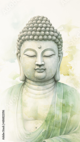 Watercolor illustration of Buddha sitting with closed eyes and meditating 