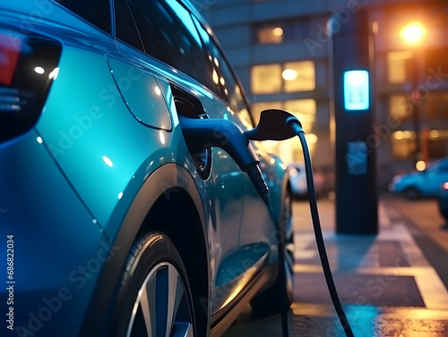 charging EV car electric vehicle clean energy for driving future  eco-friendly alternative energy concept  futuristic hybrid vehicle charge battery electric on station  ai generated photo