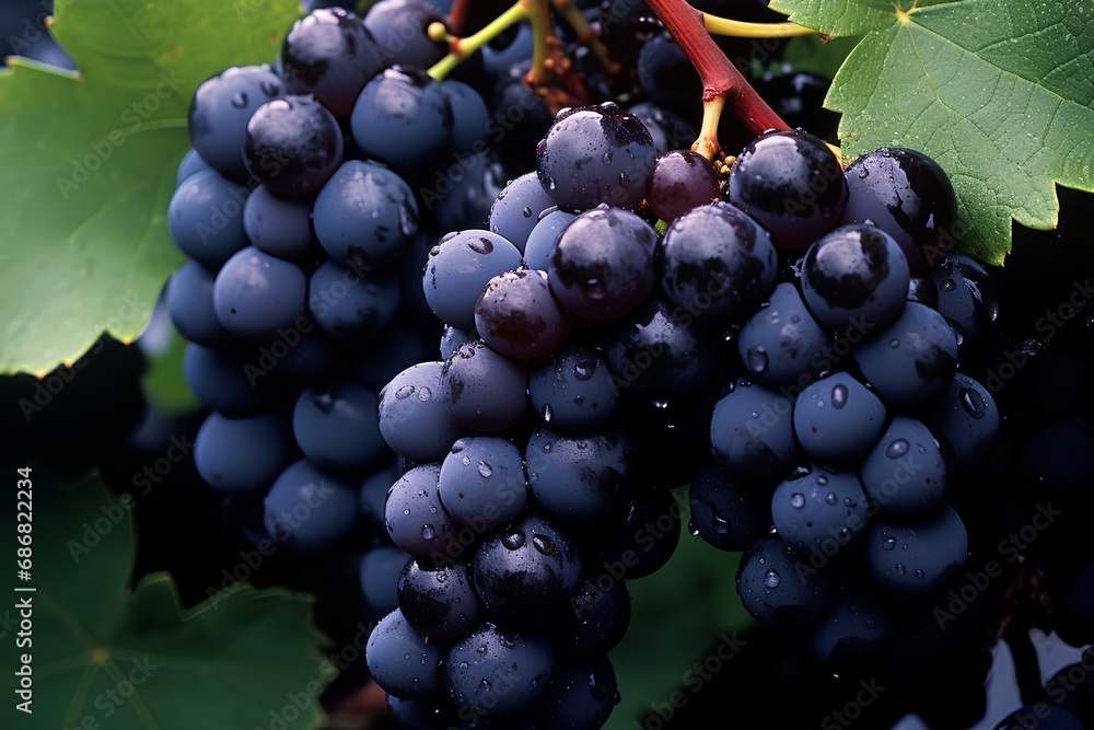 cluster of dark grapes. ripe grapes waiting to be harvested, fresh cluster with dew. generative AI
