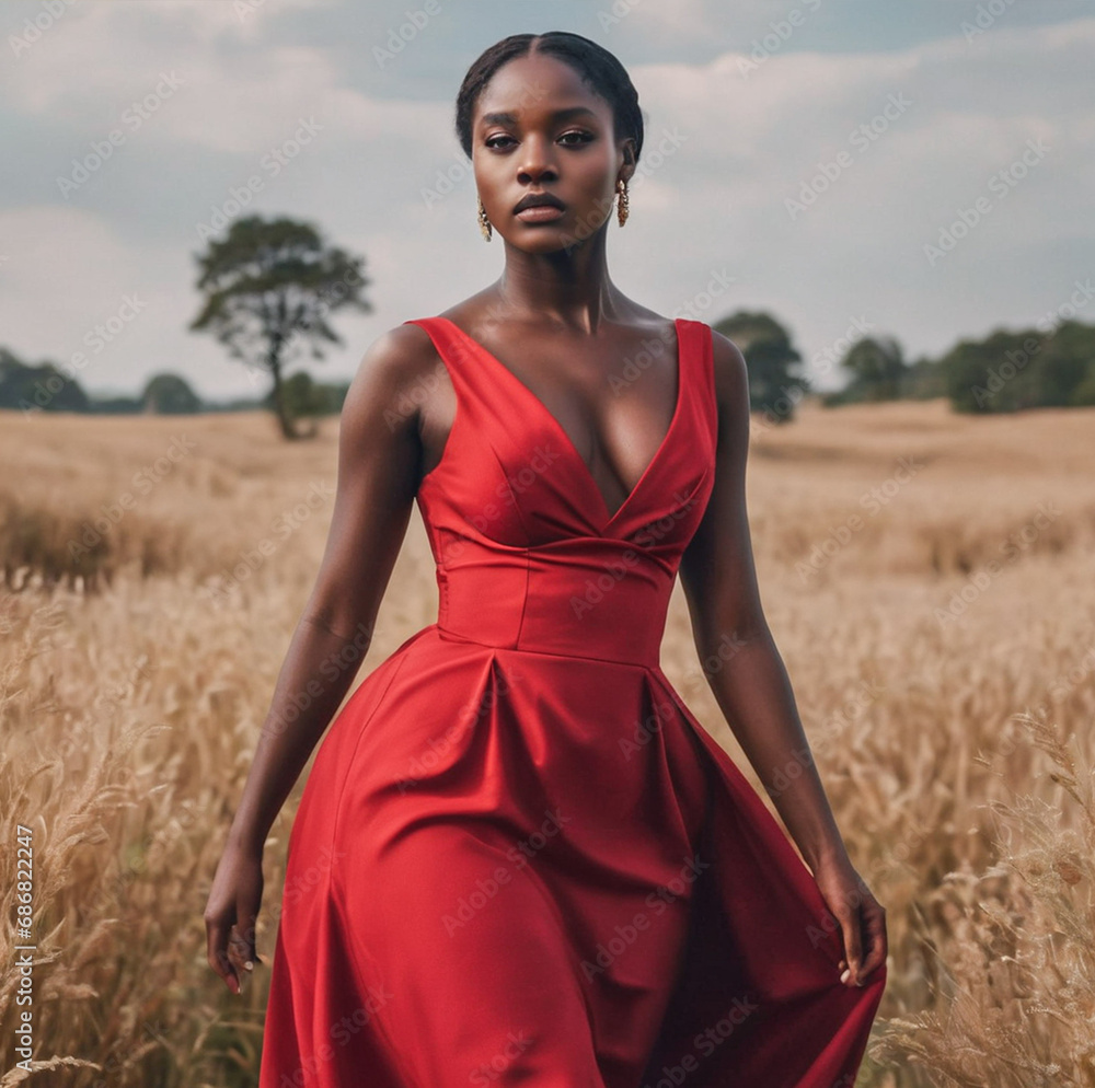 Obraz premium Beautiful African Woman in Fashionable Sexy Red Dress Outside in the Wild African Land