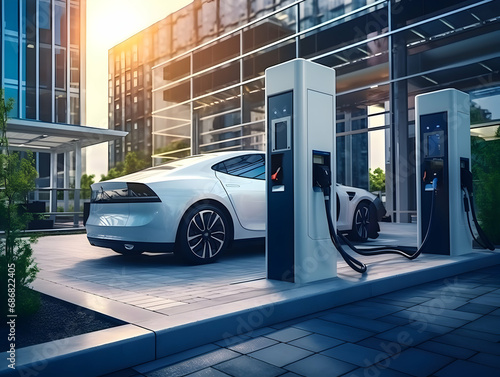 charging EV car electric vehicle clean energy for driving future, eco-friendly alternative energy concept, futuristic hybrid vehicle charge battery electric on station, ai generated photo © Akilmazumder