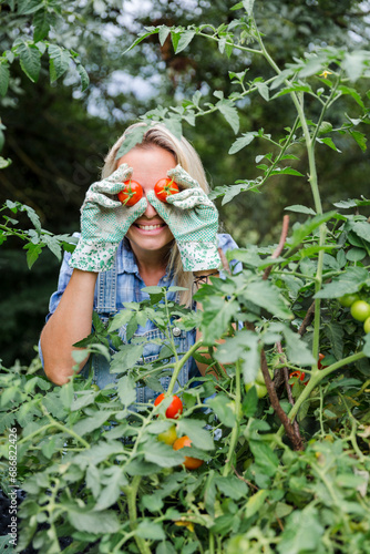 Blond smiling woman harvesting tomatoes, tomatoes on eyes photo