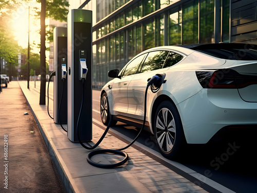 charging EV car electric vehicle clean energy for driving future, eco-friendly alternative energy concept, futuristic hybrid vehicle charge battery electric on station, ai generated photo