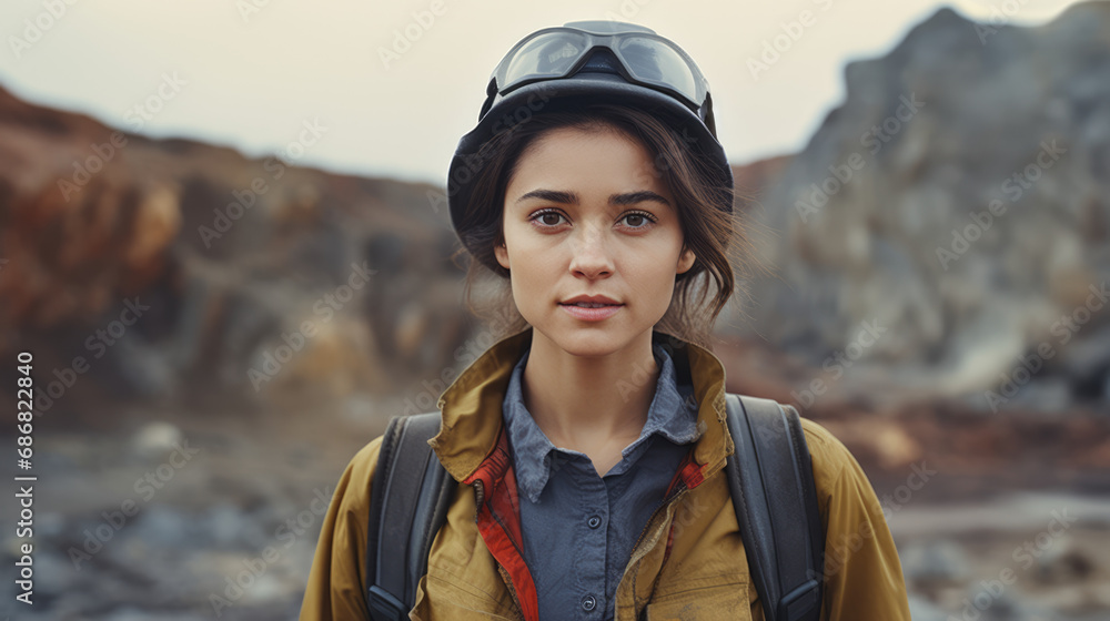Portrait of a female geologist in the field, standing among rocks and geological formations and engaging with the camera