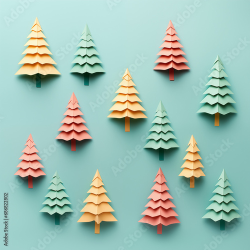 Colofrul Christmas trees on pastel blue background. New Year concept.flat lay, copy space,greting card photo