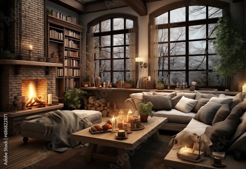 Fireplace in a modern living room in winters to keep the room warm and cozy. Wooden logs, gray sofa with terra cotta pillows and blanket.