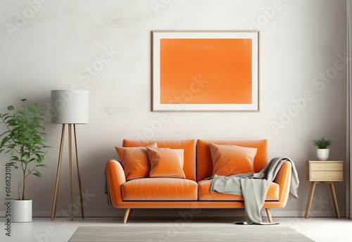 Creative composition of modern stylish living room with orange sofa and pillows  beige commode  and lamp against a plain wall with painting mockup.