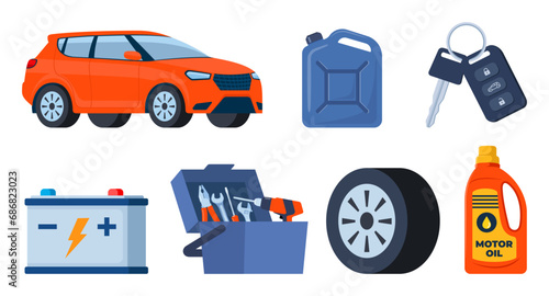 Car and auto service accessories composition with tool kit, gasoline canister and battery. Vector illustration.