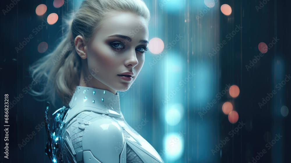 In this image, a futuristic AI android robot and a female cyborg coexist, embodying advanced technology and the AI chatbot ChatGPT concept. In this image, a futuristic AI android robot and a female cyborg coexist, embodying advanced technology and the AI chatbot ChatGPT concept.