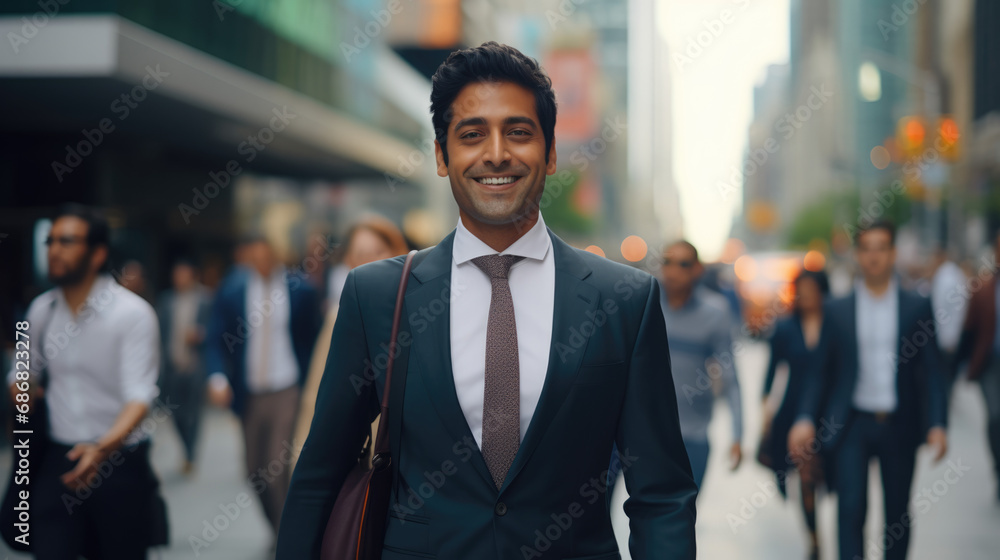 This image features a confident Asian Indian businessman in a suit, smiling as he walks through a busy city street on his way to the office, with the blurred street creating an urban vibe.