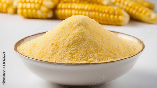 Corn grits for polenta and corn flour in a white bowl. Corn cobs and flour. A healthy gluten-free diet.