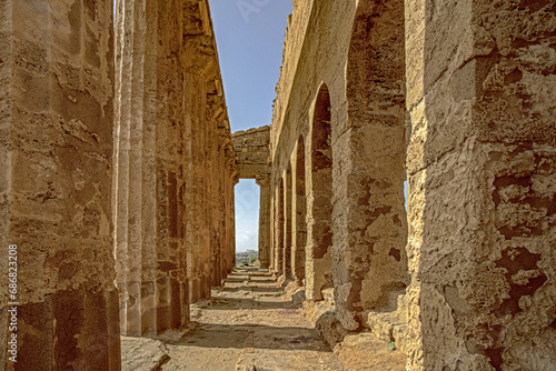 Ancient Greek Temple of Concordia in the Valley of the Temples of Agrigento  seen from inside in architectural details. Sicily  Italy.