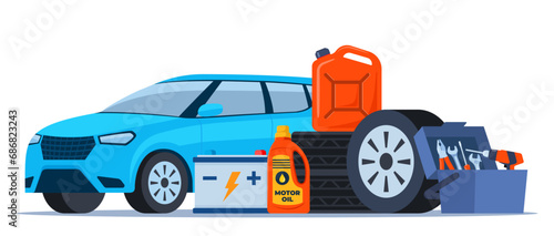 Car and auto service accessories composition with tool kit, gasoline canister and battery. Vector illustration.