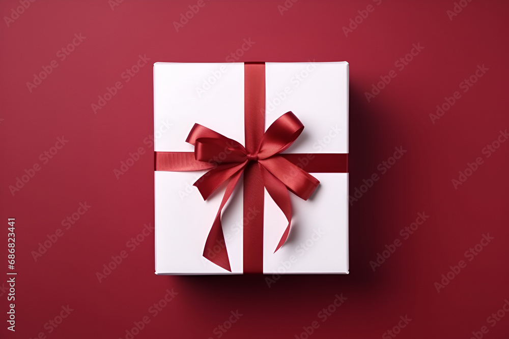 White gift box or top view of white present box tied with red ribbon bow on dark red background generated AI