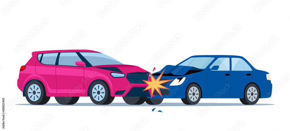 Car accident. Damaged transport on the road. Collision of two cars, side view. Damaged transport. Collision on road, safety of driving personal vehicles, car insurance. Vector illustration.