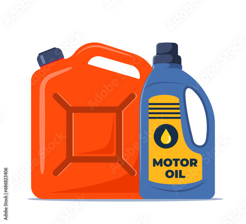 Jerrycan. Canister for petrol, gasoline and engine oil. Car motor oil in plastic canister. Engine liquid bottle. Vector illustration.