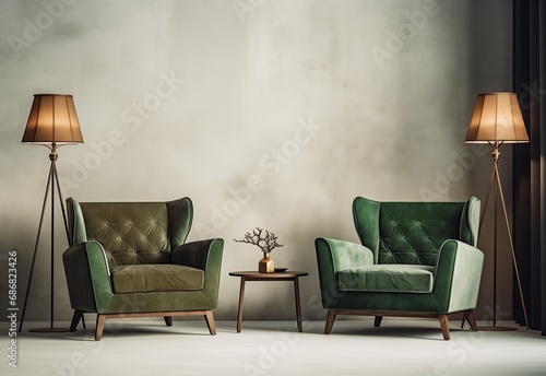 Classic modern dark green velvet sofa armchairs with lamps against a concrete plain wall. Classic interior design of a modern living room.