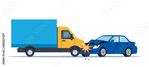 Car accident. Damaged transport on the road. Collision of lorry and car, side view. Damaged transport. Collision on road, safety of driving personal vehicles, car insurance. Vector illustration.