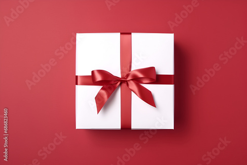 White gift box or top view of white present box tied with red ribbon bow on dark red background generated AI © natalystudio