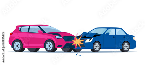 Car accident. Damaged transport on the road. Collision of two cars, side view. Damaged transport. Collision on road, safety of driving personal vehicles, car insurance. Vector illustration.