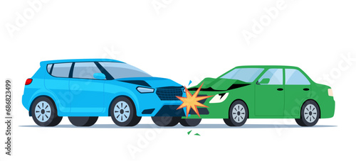 Car accident. Damaged transport on the road. Collision of two cars, side view. Damaged transport. Collision on road, safety of driving personal vehicles, car insurance. Vector illustration. photo