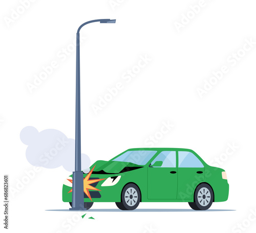 Car accident. Damaged transport on the road. Car crashed into a pole. Damaged transport. Collision on road, safety of driving personal vehicles, car insurance. Vector illustration.