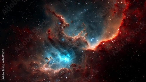 Animation of flying through nebula. Star-forming regions, formations of gas, dust, and other materials clump together to form denser regions, which attract further matter and become stars.