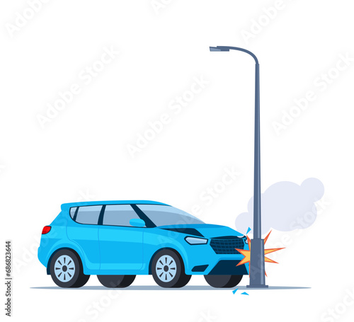 Car accident. Damaged transport on the road. Car crashed into a pole. Damaged transport. Collision on road, safety of driving personal vehicles, car insurance. Vector illustration.